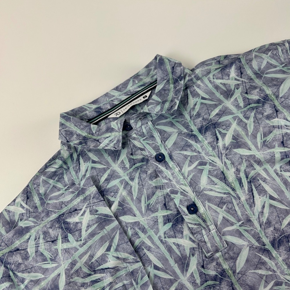 7 Diamonds Mens S Ceres 4-Way Stretch Polo Blue Green Bamboo Leaf Print NWOT